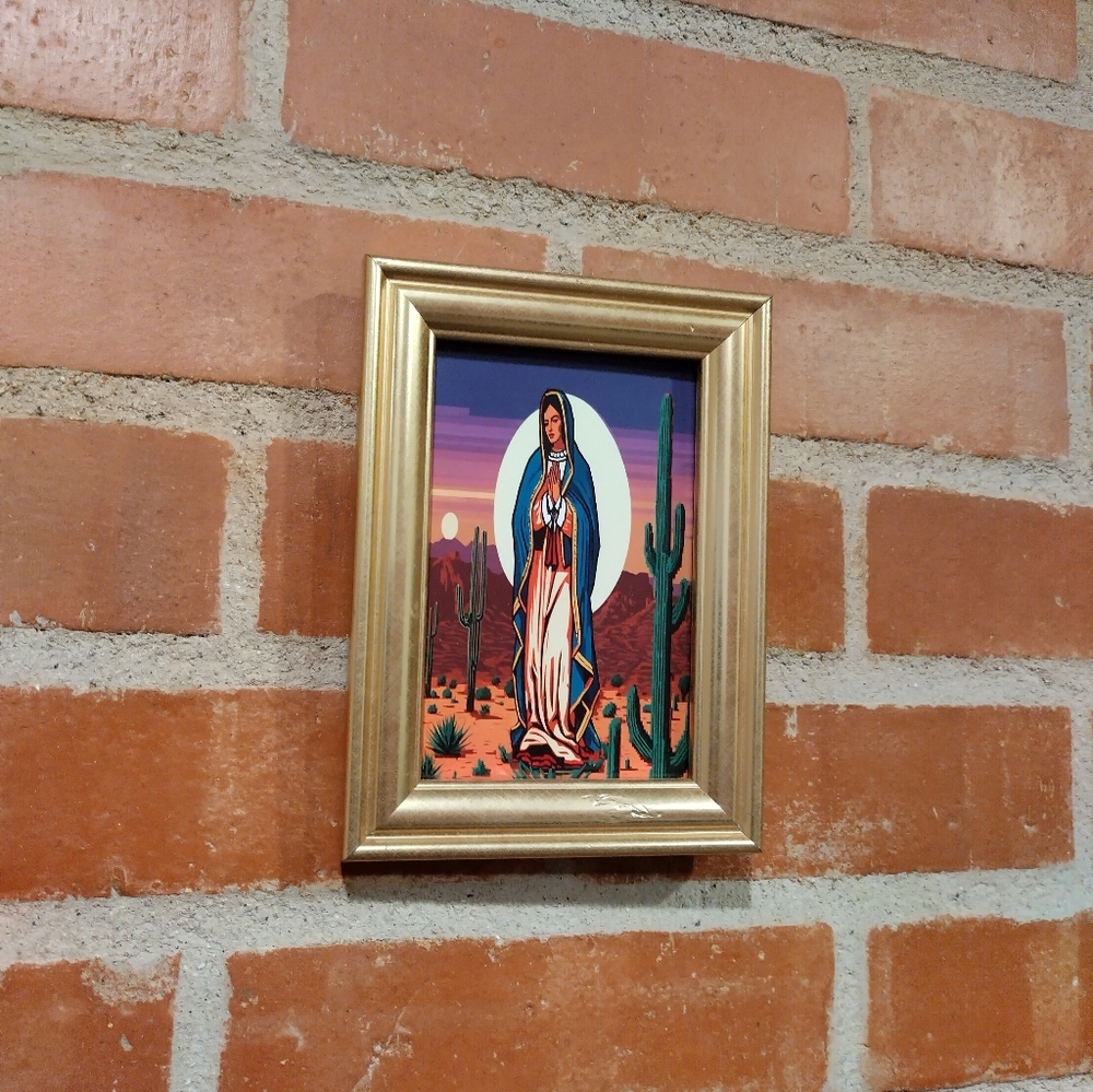 8 Bit Lady of Guadalupe in desert Framed Mini Art Print lo-fi Pixel Art